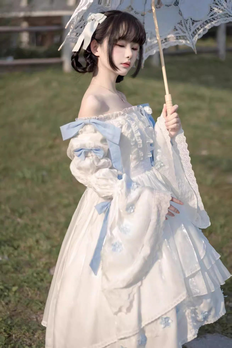 White Boat Neck Multi-layer Ruffle Hanayome Bowknot Sweet Princess Lolita Strapless Dress - Product - 6