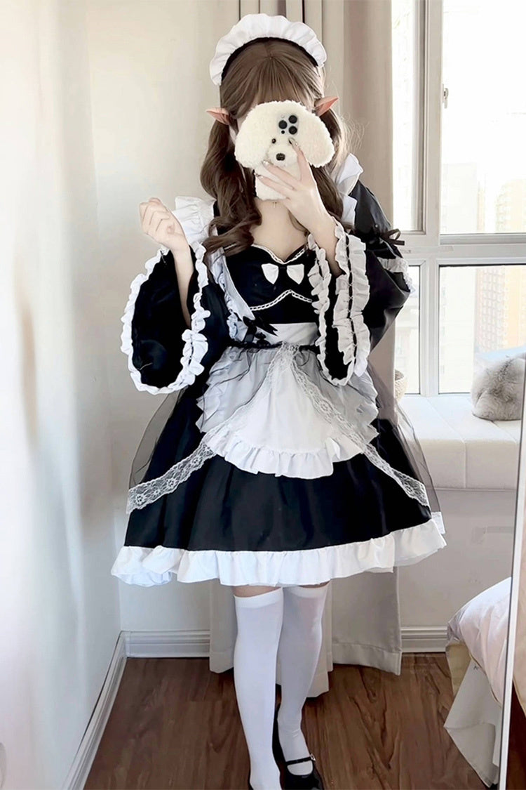 Black/White Maid Long Hime Sleeves Ruffle Bowknot Sweet Plus Size Lolita Dress Full Set - Product - 4
