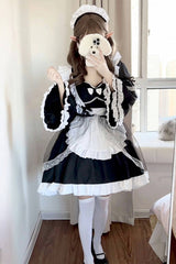 Black/White Maid Long Hime Sleeves Ruffle Bowknot Sweet Plus Size Lolita Dress Full Set - Product - 4