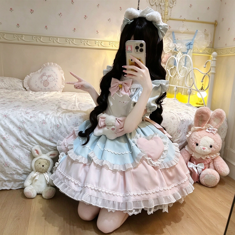 Blue and Pink Ruffled Cat Maid Lolita Dress with Apron Bow Accent - view 4