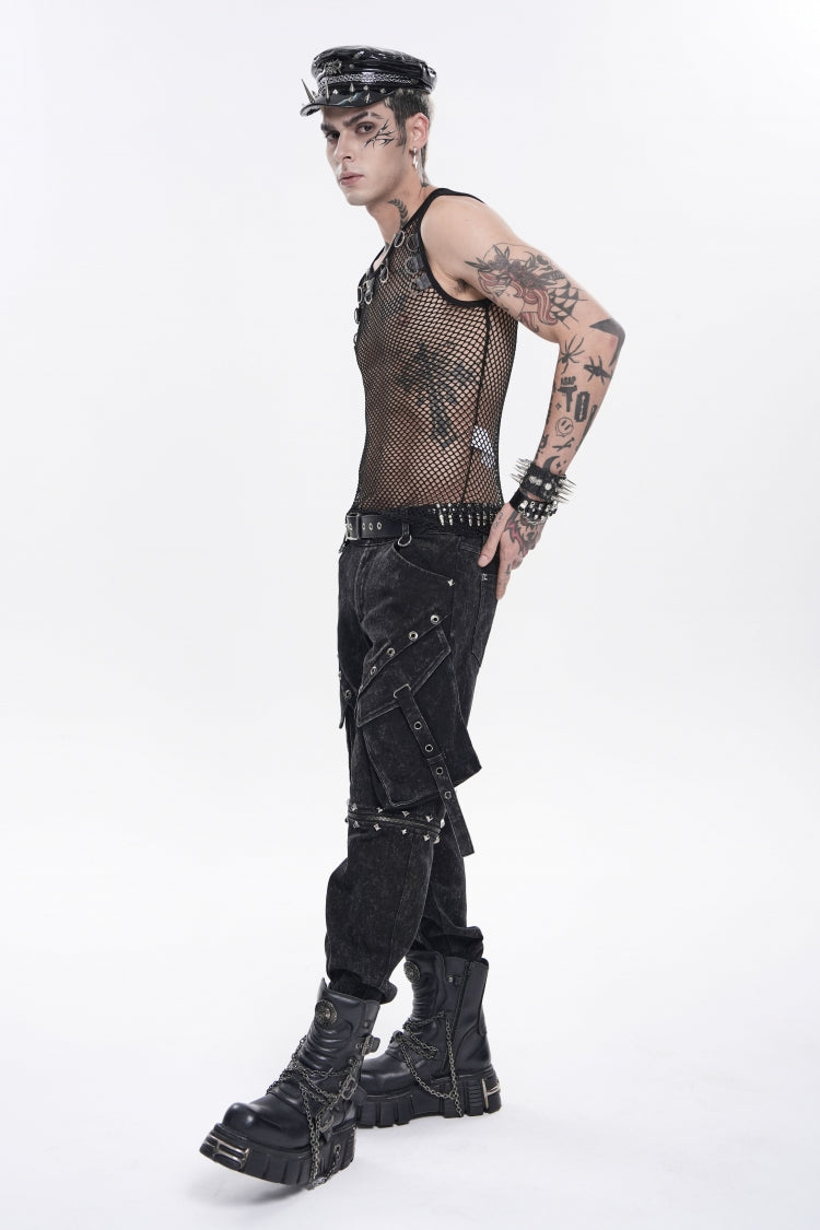 Black Spliced Detachable Studded Eyelet Men's Punk Cool Pants With Big Pockets - Product - 7