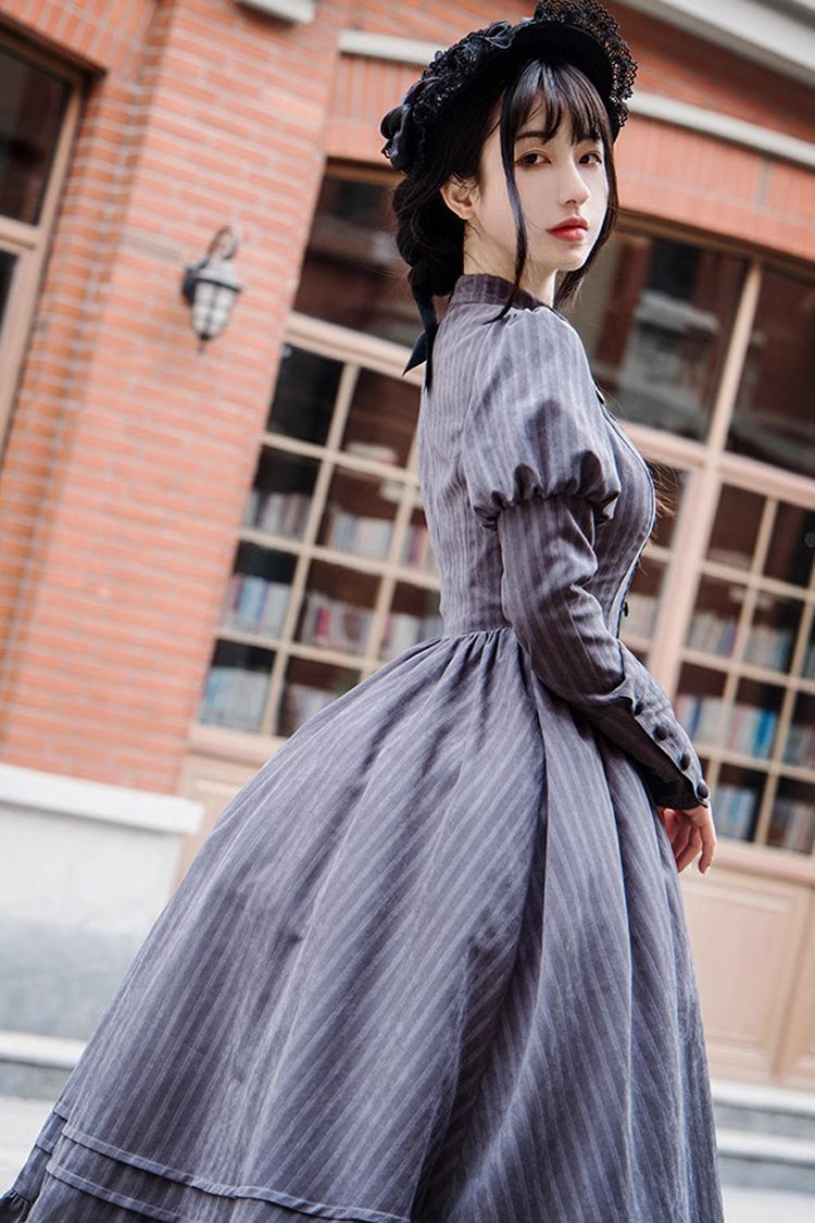 Gray Stripes Print Long Sleeves Classic Lolita Dress - Product - 5