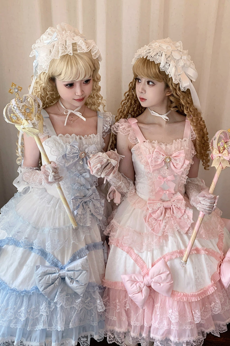 White/Blue [Flower Dream Isle] Square Collar Multi-Layered Ruffled Bow Lace Sweet Lolita Jsk Dress - Product - 8