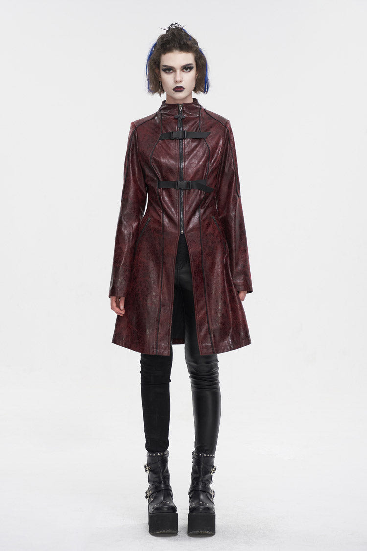 Red Double Buckle Faux Leather Long Women's Punk Coat - Product - 4