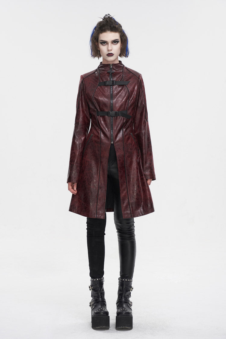 Red Double Buckle Faux Leather Long Women's Punk Coat - Product - 4