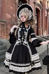 Black Square Collar Long Trumpet Sleeves Bow Lace Lace-Up Gothic Lolita Dress - Product - 7