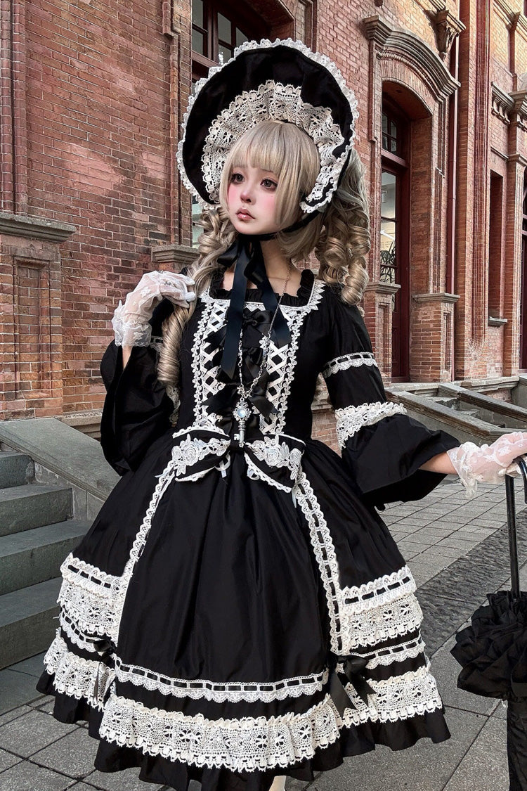 Black Square Collar Long Trumpet Sleeves Bow Lace Lace-Up Gothic Lolita Dress - Product - 7