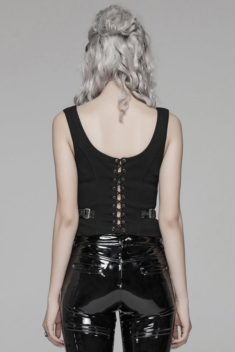 Steampunk Sleeveless Jacquard Print Metal Buckle Strap Metal Zipper Hollow Lace-Up Women's Vest 4 Colors - Product - 11