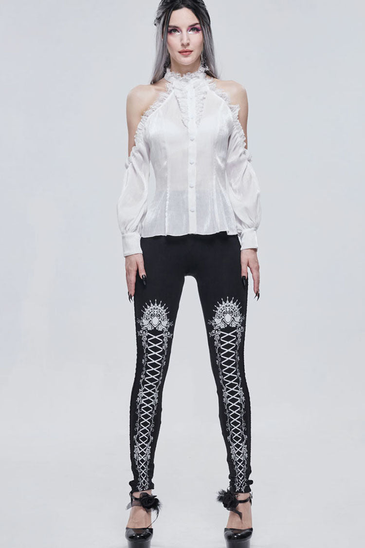 White Gothic Off-The-Shoulder Halter Lace Ruffled Lantern Sleeves Women's Shirt - Product - 5