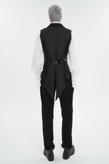Black Vintage Dark Pattern Men's Gothic Vest With Brooch - Product - 6
