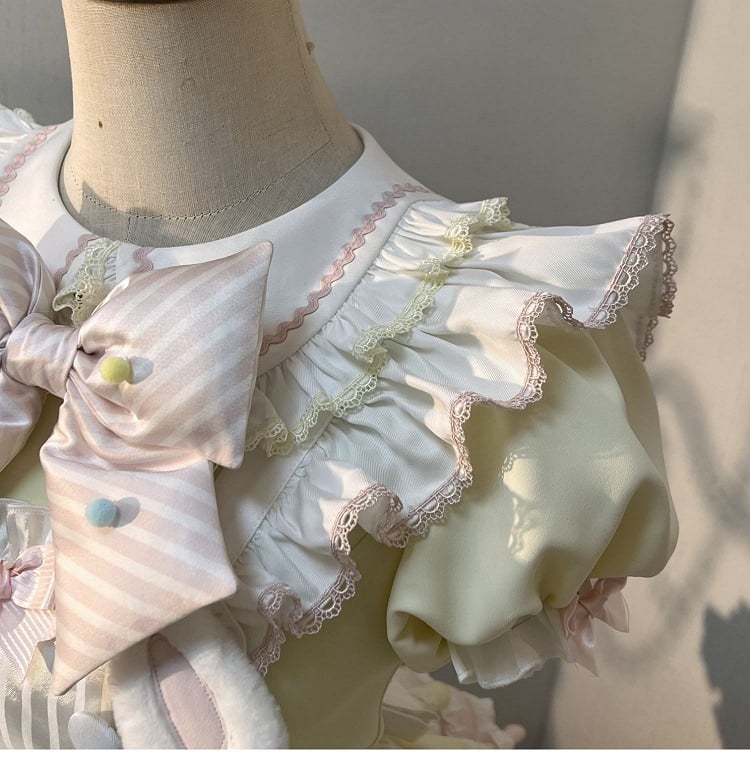 Yellow & Pink Bunny Maid Sweet Lolita Puff Sleeve Dress detail view 10