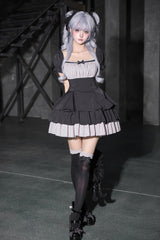 Black Square Collar Off Shoulder Short Sleeves Triple-Layered Bow Vintage Cool Lolita Dress - Product - 11