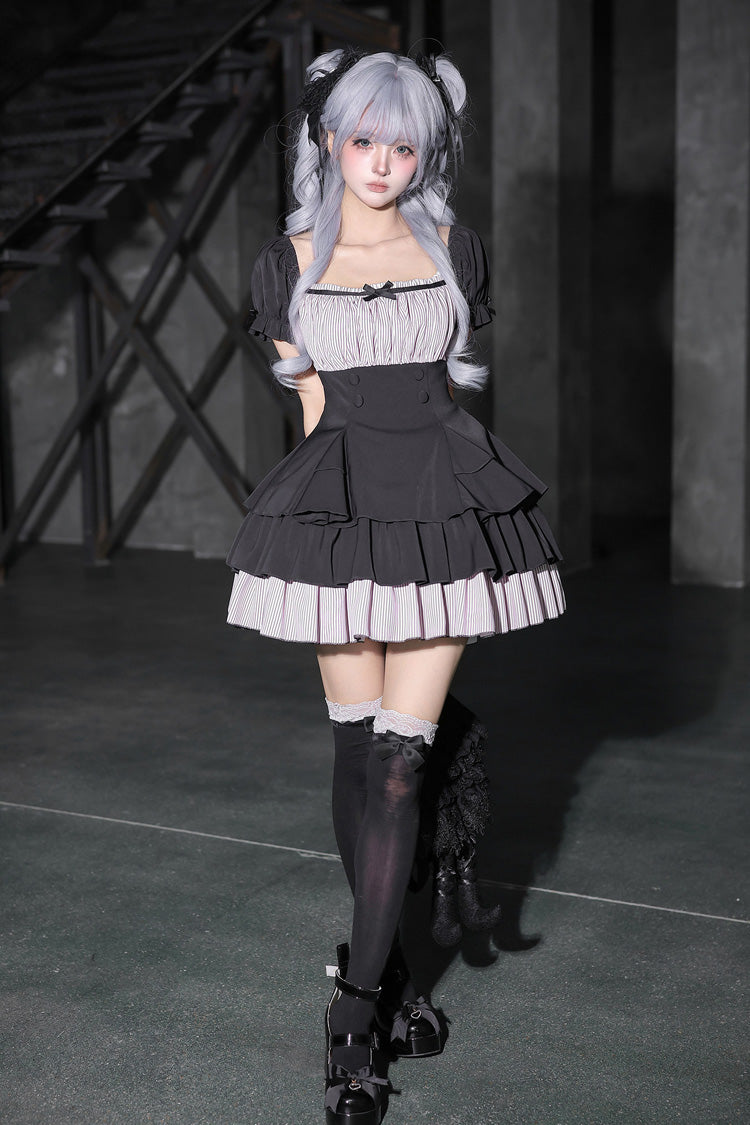 Black Square Collar Off Shoulder Short Sleeves Triple-Layered Bow Vintage Cool Lolita Dress - Product - 11