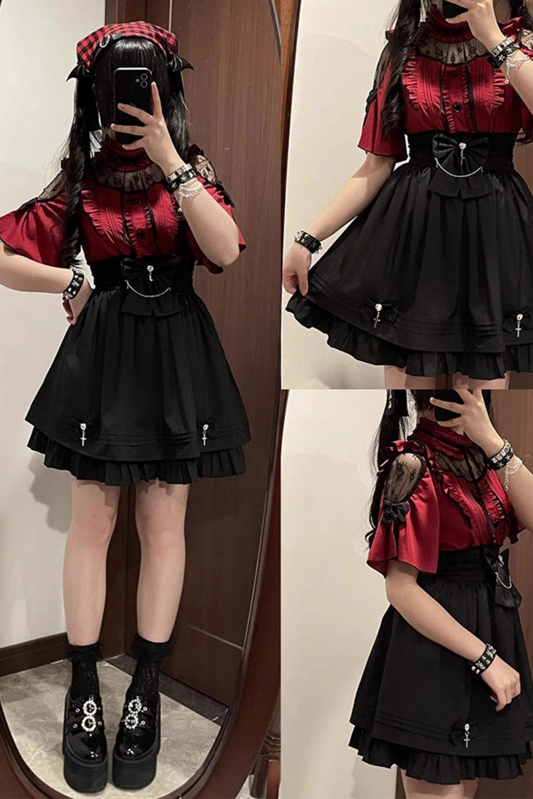 Magical Girl Short Sleeves Ruffle Embroidery Bowknot Lace Sweet Jirai Kei Lolita Set 4 Colors - Product - 4