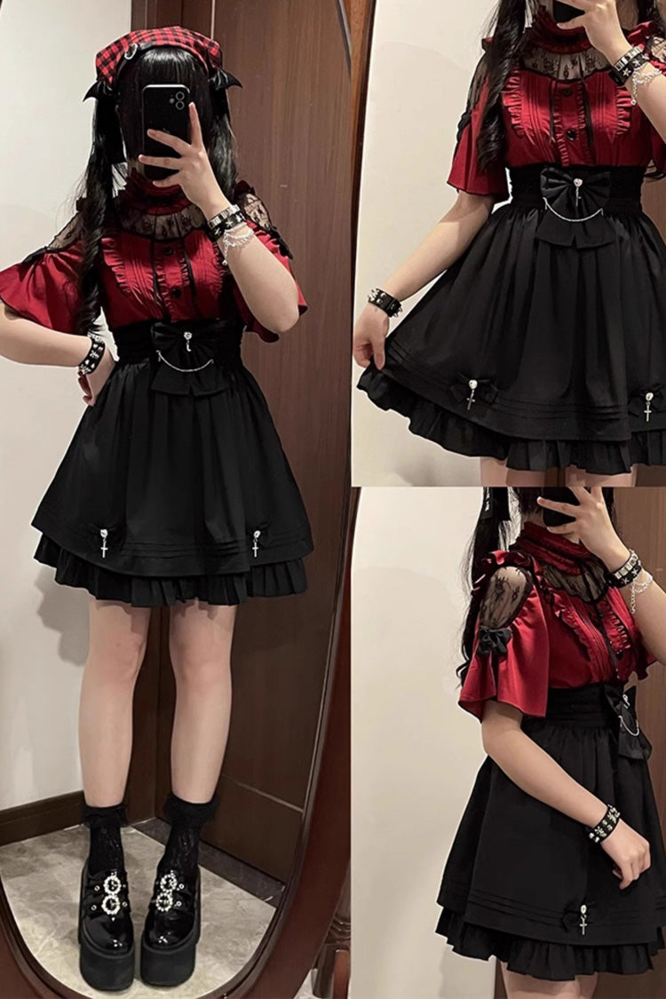 Magical Girl Short Sleeves Ruffle Embroidery Bowknot Lace Sweet Jirai Kei Lolita Set 4 Colors - Product - 4