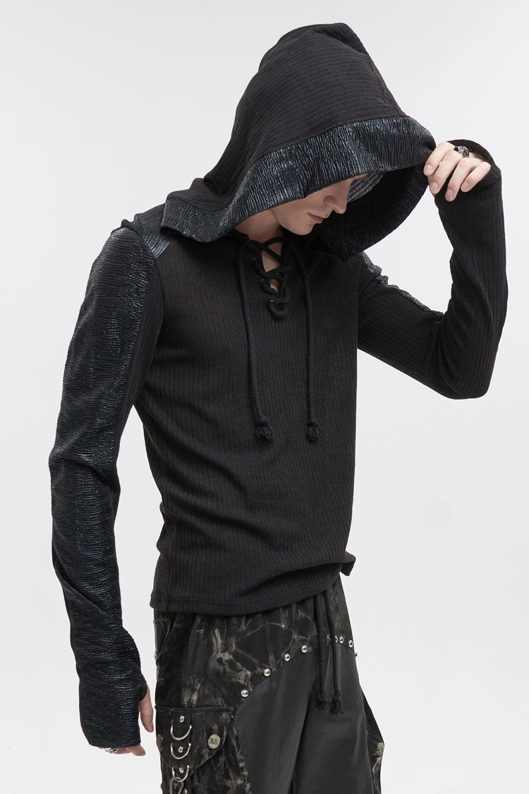 Black Trendy Dark Tether V-Neck Panel Knit Hooded Men's Punk T-Shirt - Product - 5