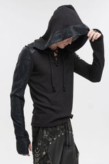 Black Trendy Dark Tether V-Neck Panel Knit Hooded Men's Punk T-Shirt - Product - 5
