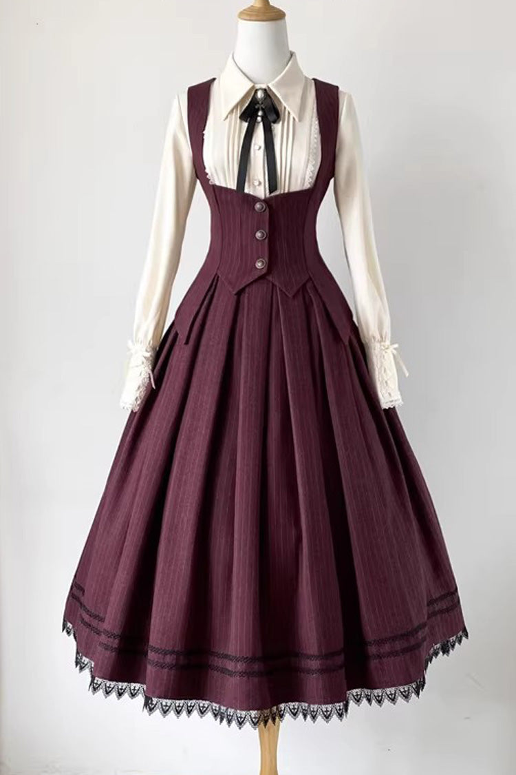 Red [Griffin’s Pact] Striped Printed Ruffled Gothic Lolita Skirt Vest Set - Product - 3