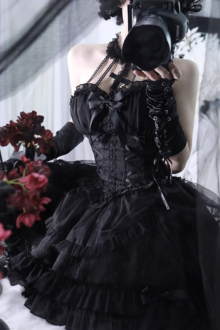 Dark Black Tube Top Sleeveless Blowknot Ruffled Gothic Lolita Tiered Dress - Product - 5