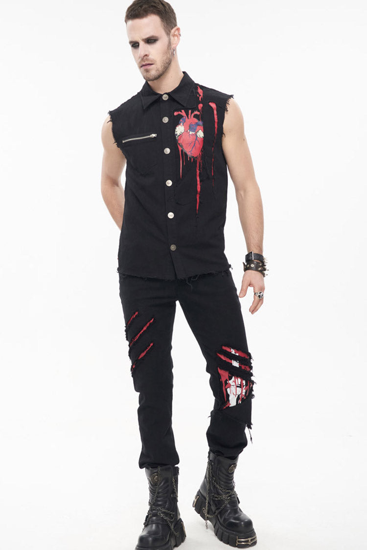 Black Punk Simple Everyday Stand Collar Print Sleeveless Men's Shirt - Product - 7