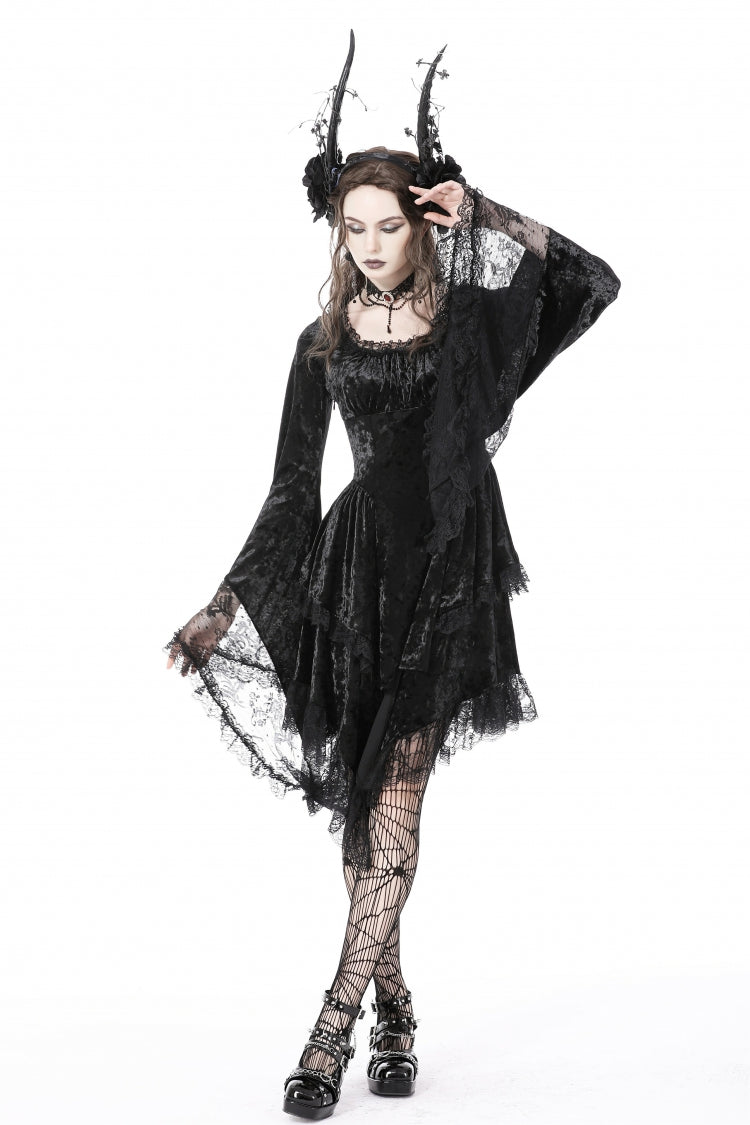 Black Irregular Long Trumpet Sleeves Lace Spliced Women's Gothic Velvet Graduation Dress - Product - 5