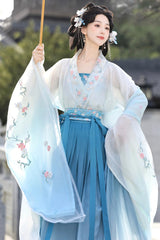 Blue [Spring Apricots] High Waisted Embroidered Women's Sweet Hanfu Dress Set - Product - 3