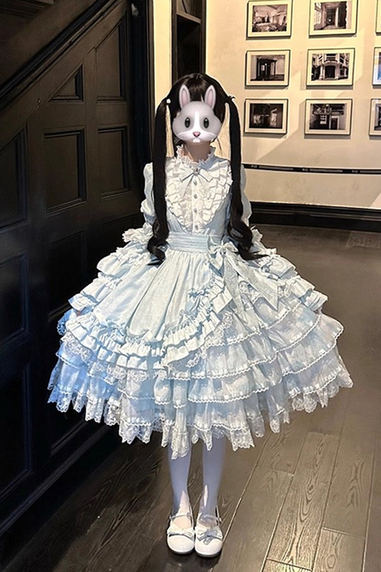 Blue [The Soloist Doll] Long Hime Sleeves Multi-Layered Print Ruffle Bowknot Asymmetric Sweet Lolita Dress - Product - 22