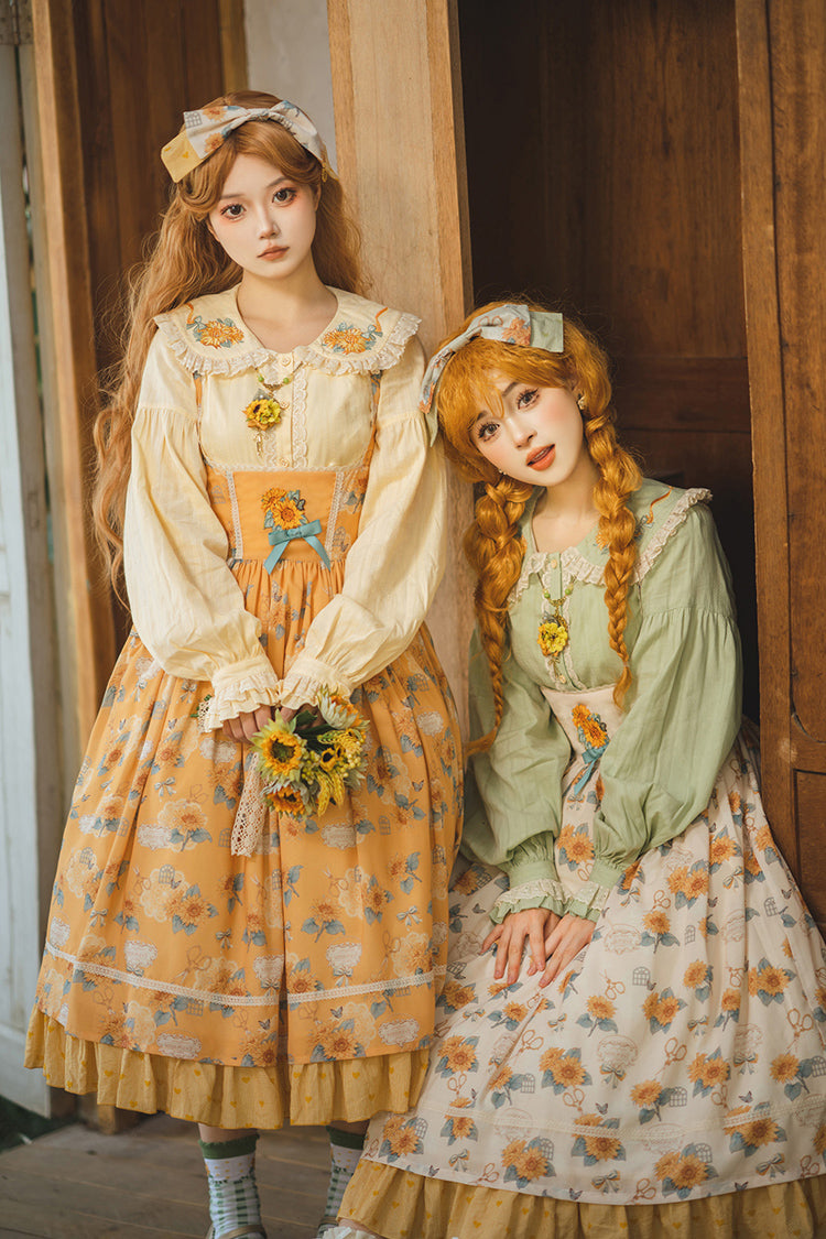 Apricot [Gardening Sunflower] Sleeveless Print Ruffle Bowknot Sweet Elegant Uplift Lolita Jsk Dress - Product - 5
