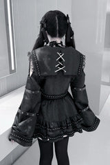 Black [Serpent Devour] Navy Collar Long Sleeves Snake Printed Ruffled Bow Studded Gothic Jirai Kei Skirt Set - Product - 6