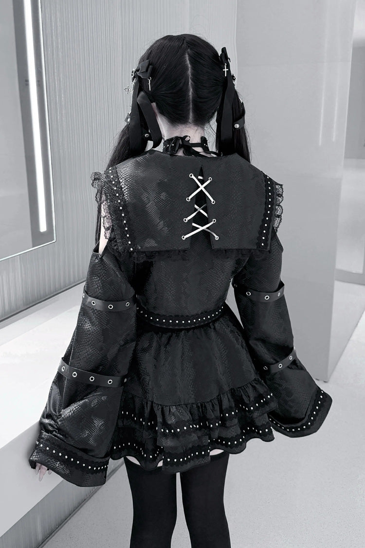 Black [Serpent Devour] Navy Collar Long Sleeves Snake Printed Ruffled Bow Studded Gothic Jirai Kei Skirt Set - Product - 6