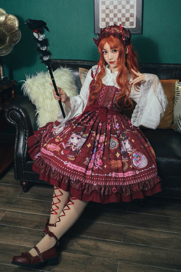 Red [Little Witch] Sleeveless Print Ruffle Bowknot Sweet Elegant Lolita Jsk Dress - Product - 6