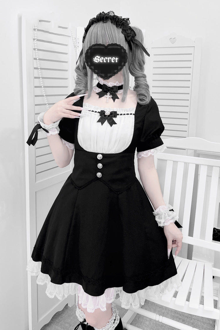 ブラック／ホワイト 半袖 フリル リボン クロス ウエスト Maid スウィート 和風 ロリータワンピース セット