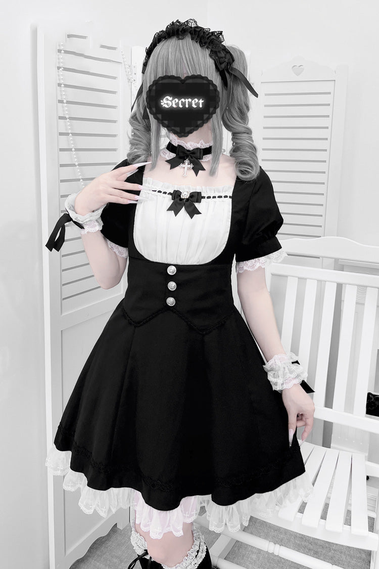 Black/White Short Sleeves Ruffle Bowknot Cross Waist Maid Sweet Japanese Lolita Dress Set - Black/White - 1
