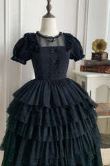 Black Twin Ivory Towers Short Sleeves Five-Layered Ruffle Gothic Lolita Dress - Product - 14