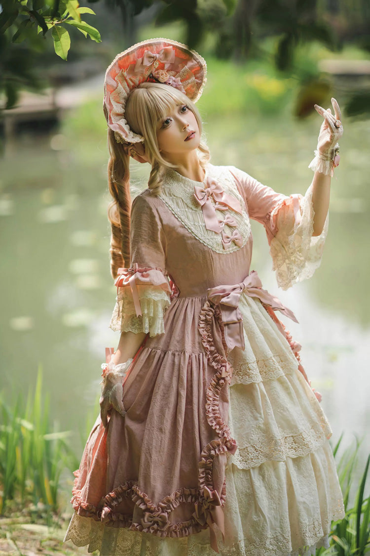 Pink [Lilica Garden] Lapel Collar Short Trumpet Sleeves Ruffled Open-Front Bow Lace Sweet Elegant Luxurious Lolita Dress - Product - 2