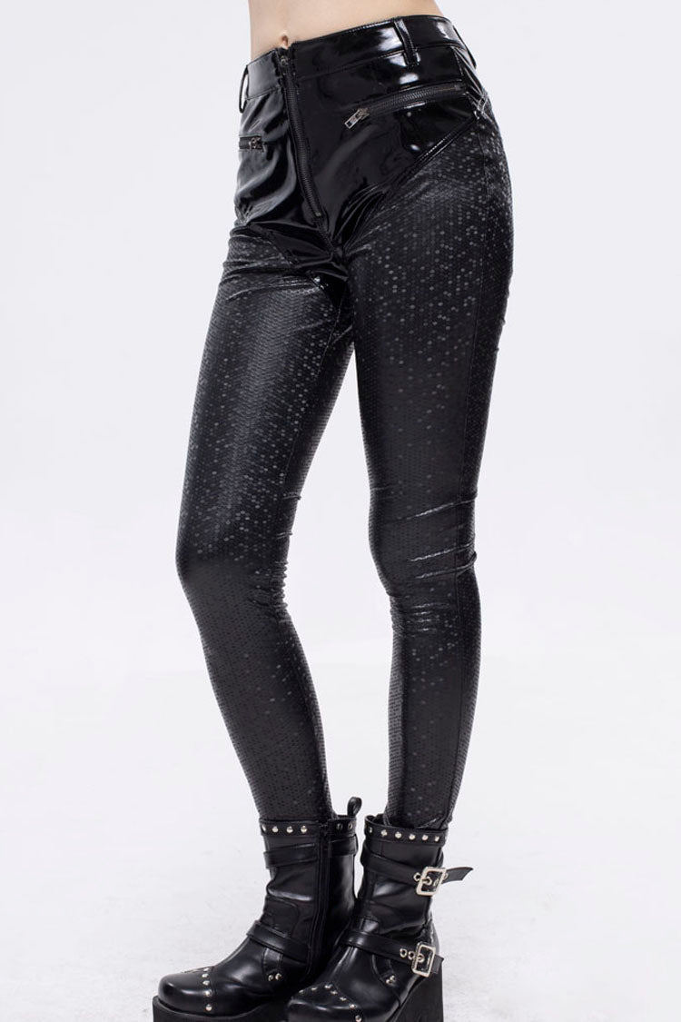Black Gothic Hexagon Pattern Irregular Star Reflection Shiny Elasticity Leather Women's Leggings - Product - 3