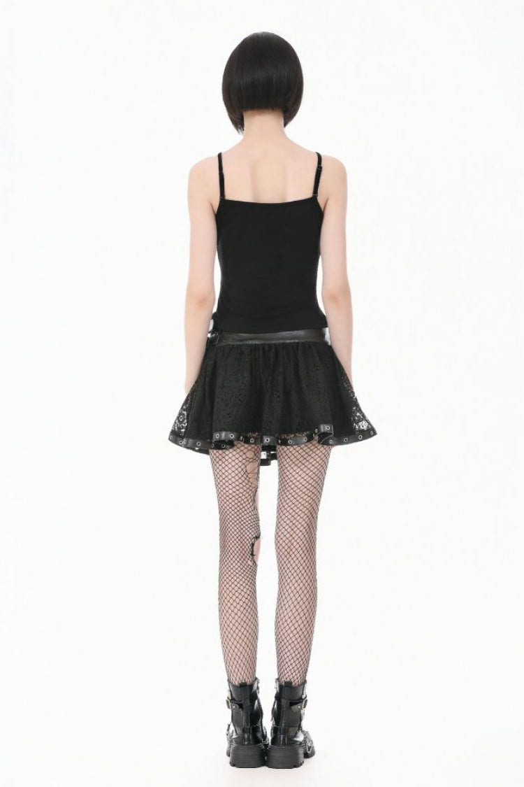 Black Chain-Decorated Eyelet Buckled Straps Lace Women's Gothic Mini Skirt - Product - 12