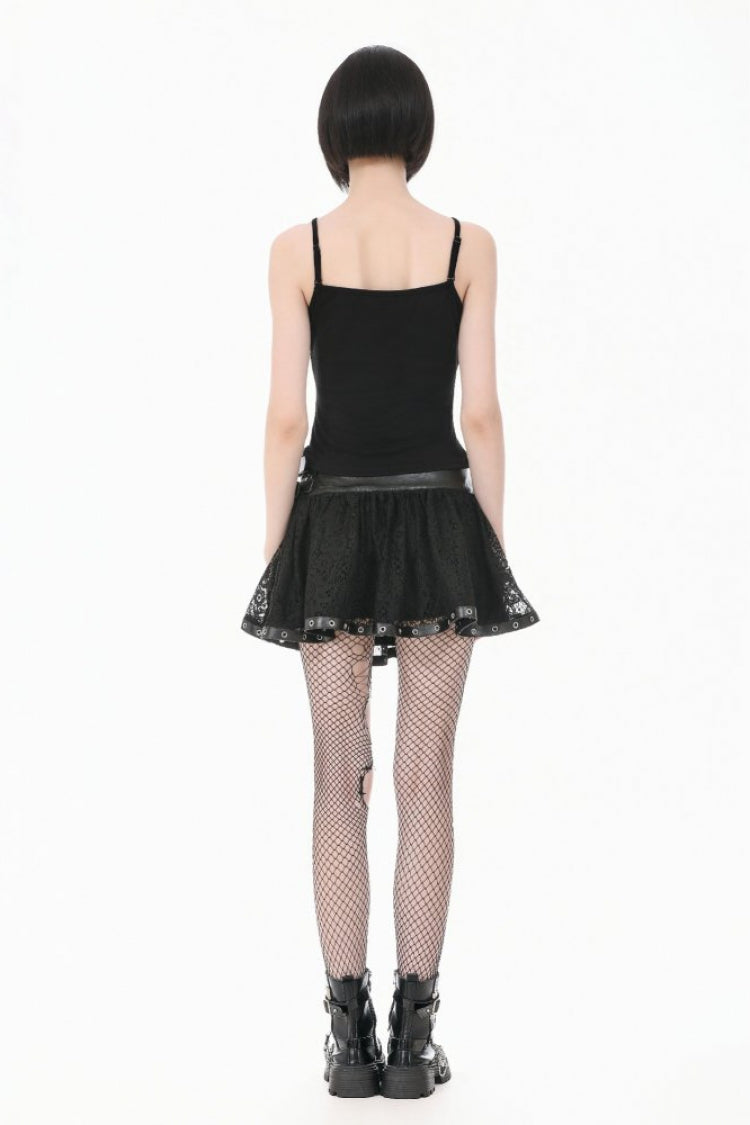 Black Chain-Decorated Eyelet Buckled Straps Lace Women's Gothic Mini Skirt - Product - 12