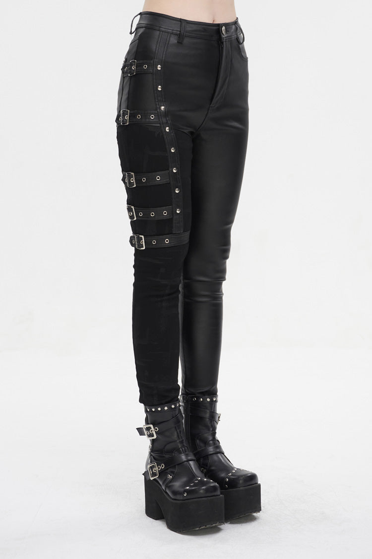 Black Tight Leather Multi Buckle Splice Women's Punk Pants - Product - 3