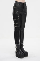 Black Tight Leather Multi Buckle Splice Women's Punk Pants - Product - 3