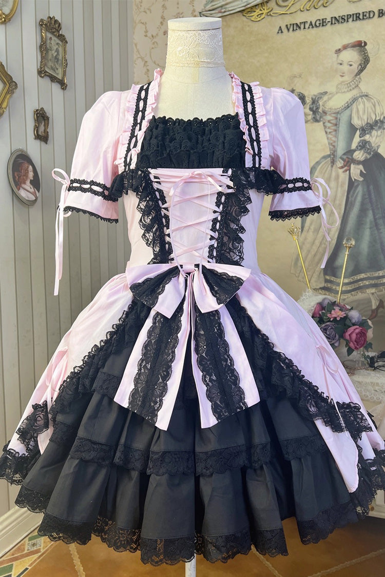 [Miss Rella] Short Sleeves Multi-Layered Ruffle Cardigan Bowknot Lace-Up Sweet Lolita Dress 9 Colors - Pink/Black - 16