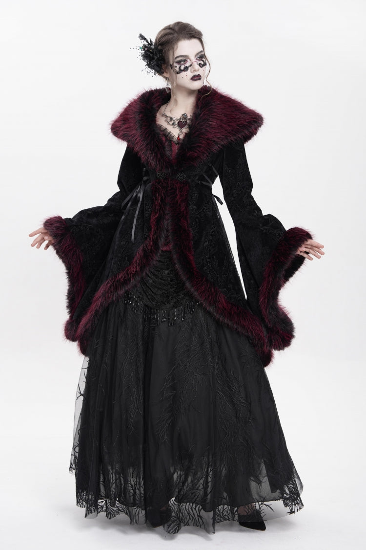 Red Long Sleeves Floral Embroidery Women's Gothic Fluffy Coat - Product - 11