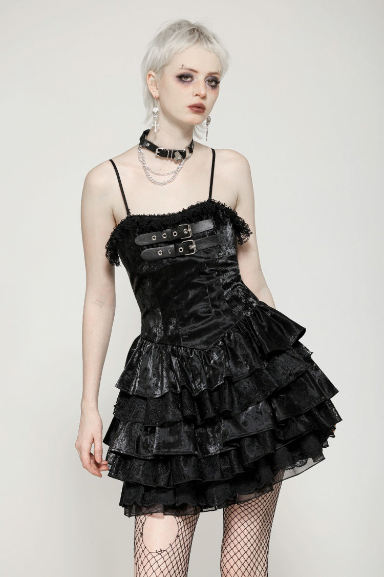Black Sleeveless Multi-Layered Ruffled Women's Punk Party Slip Dress Graduation Dress - Black - 1