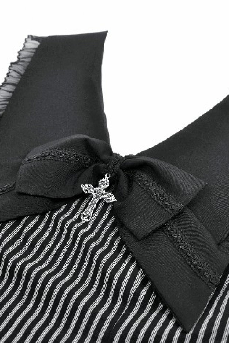 Black/Grey Navy Collar Sleeveless Bow Lace-Up Pinstripe Multi-Layered Ruffled Women's Gothic Dress - Product - 13