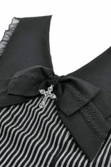 Black/Grey Navy Collar Sleeveless Bow Lace-Up Pinstripe Multi-Layered Ruffled Women's Gothic Dress - Product - 13