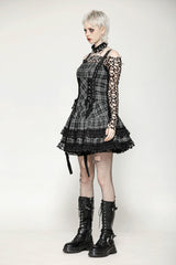 Grey Sleeveless Layered Lace Hem Plaid Women's Punk Party Slip Dress Graduation Dress - Product - 5
