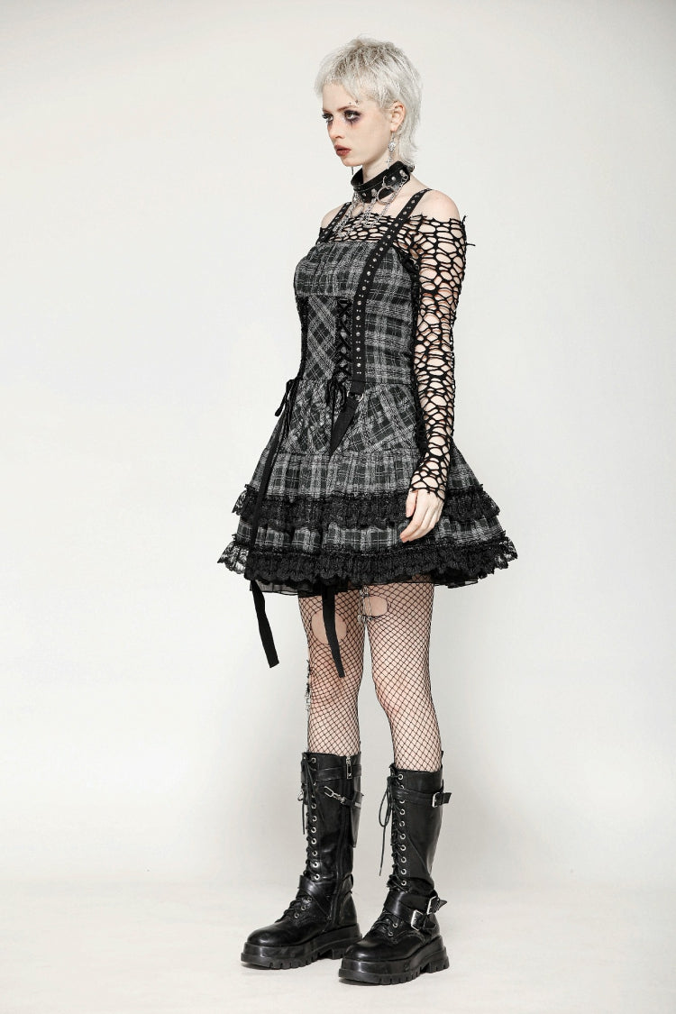 Grey Sleeveless Layered Lace Hem Plaid Women's Punk Party Slip Dress Graduation Dress - Product - 5