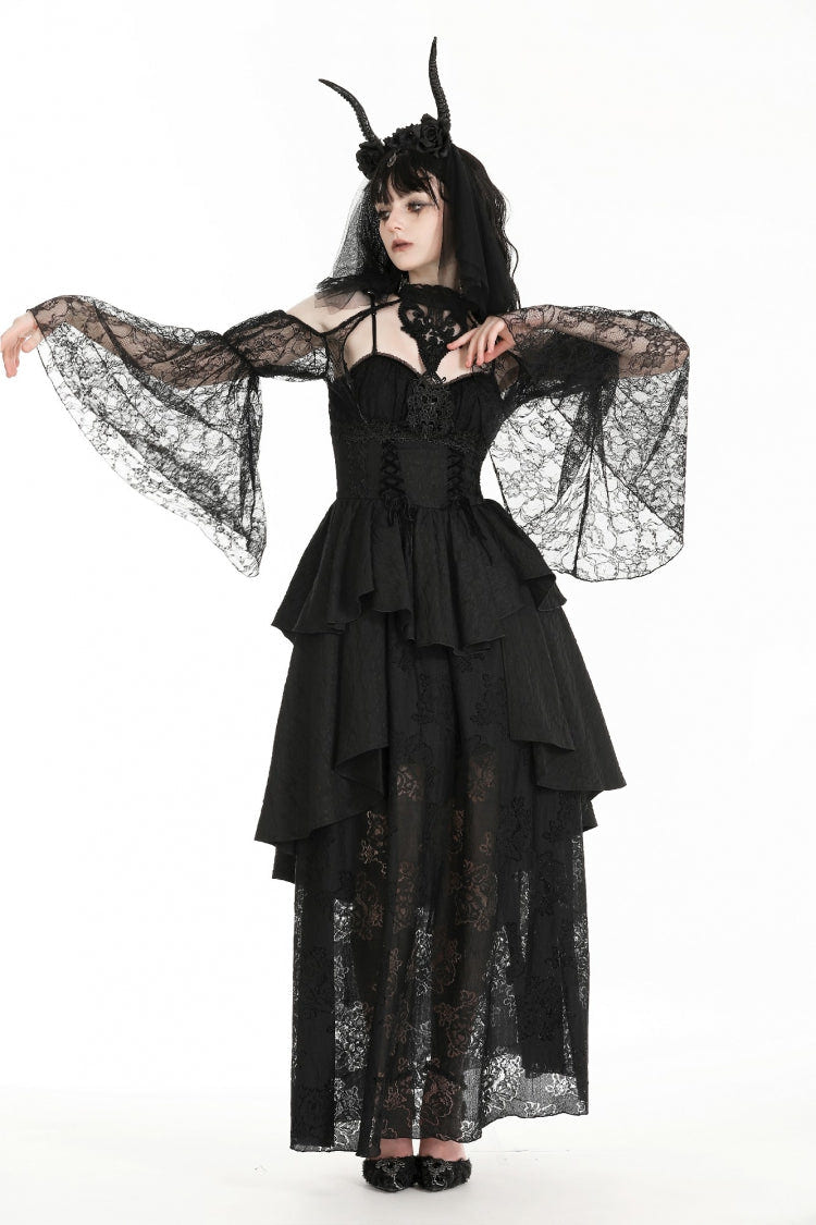 Black Off Shoulder Long Puff Sleeves Cut-Out Lace Women's Gothic Cape - Product - 8