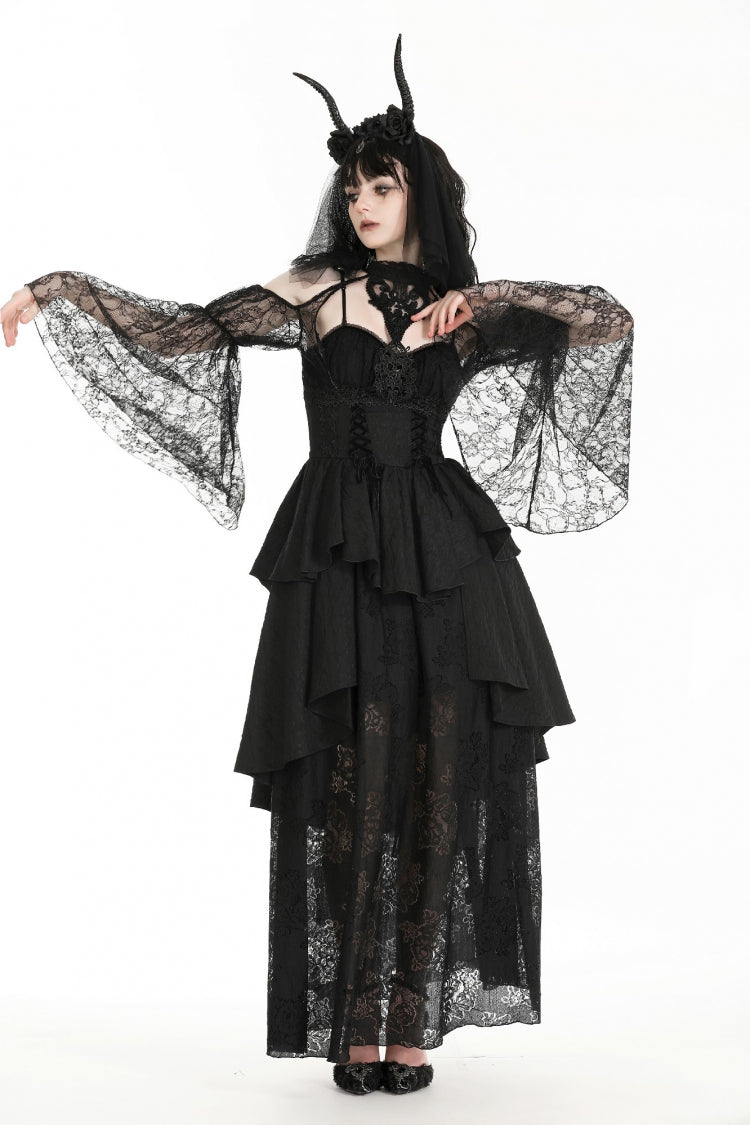 Black Off Shoulder Long Puff Sleeves Cut-Out Lace Women's Gothic Cape - Product - 8