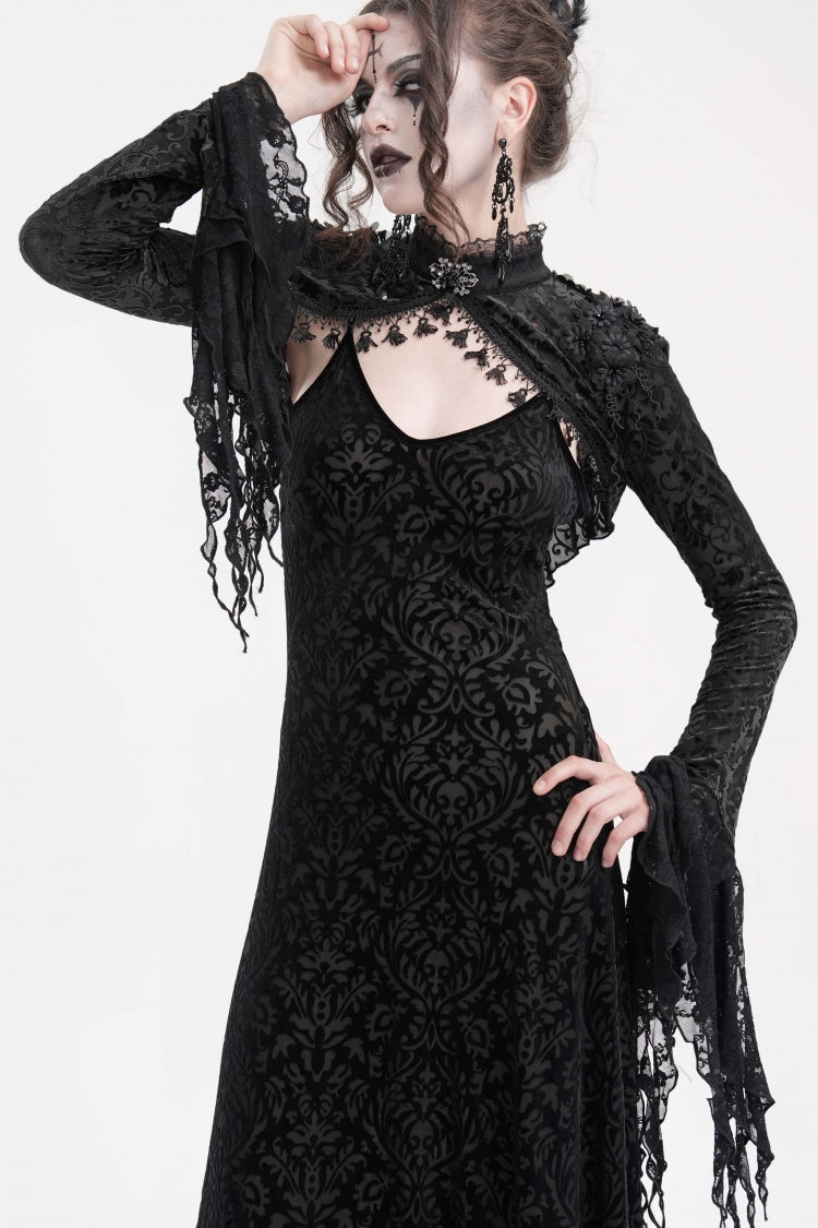 Black Stand Collar Long Sleeves Lace Tassels Women's Gothic Cape - Black - 1